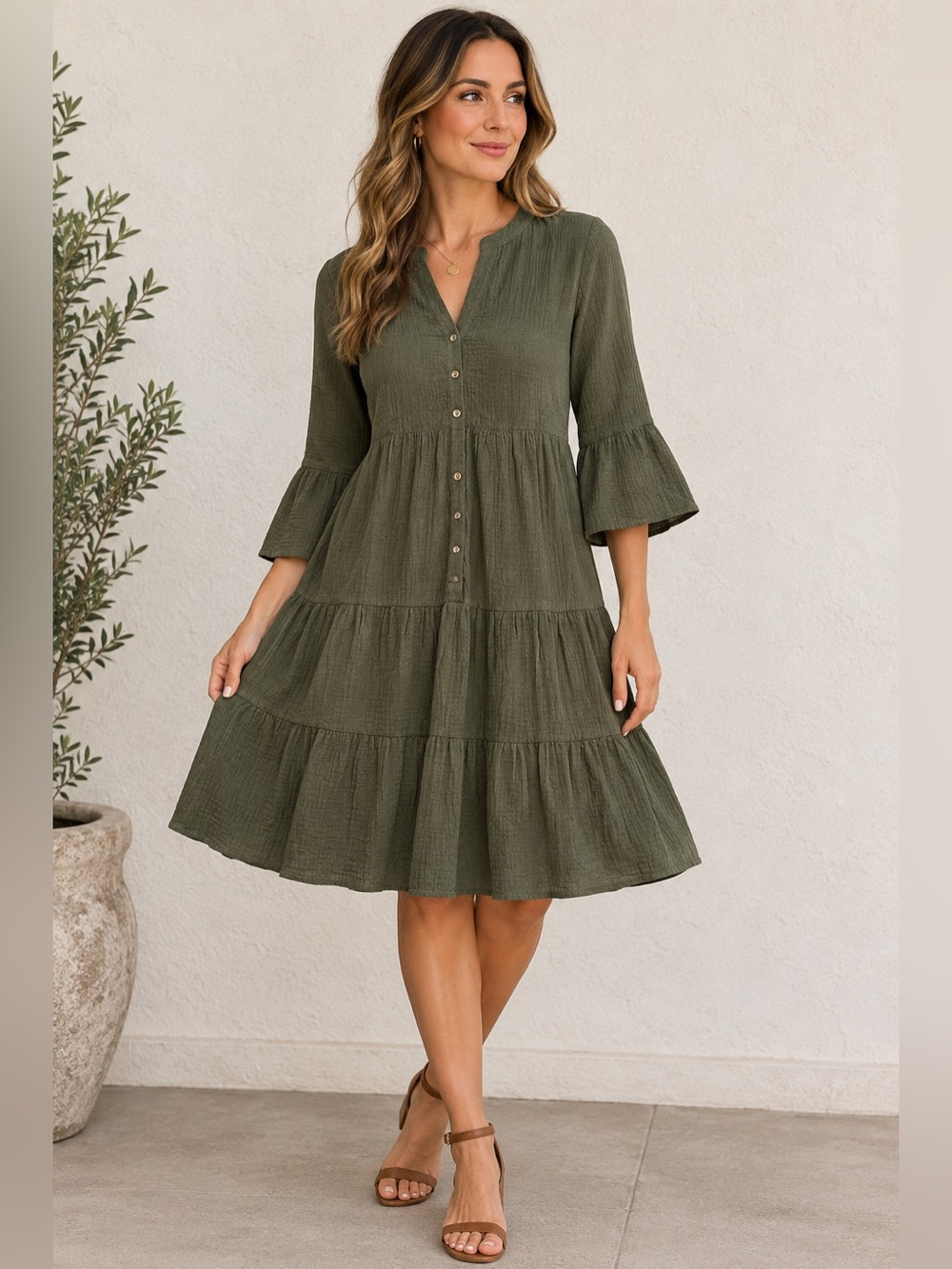 Chaps Olive Green Tiered Button-Front Women's Dress